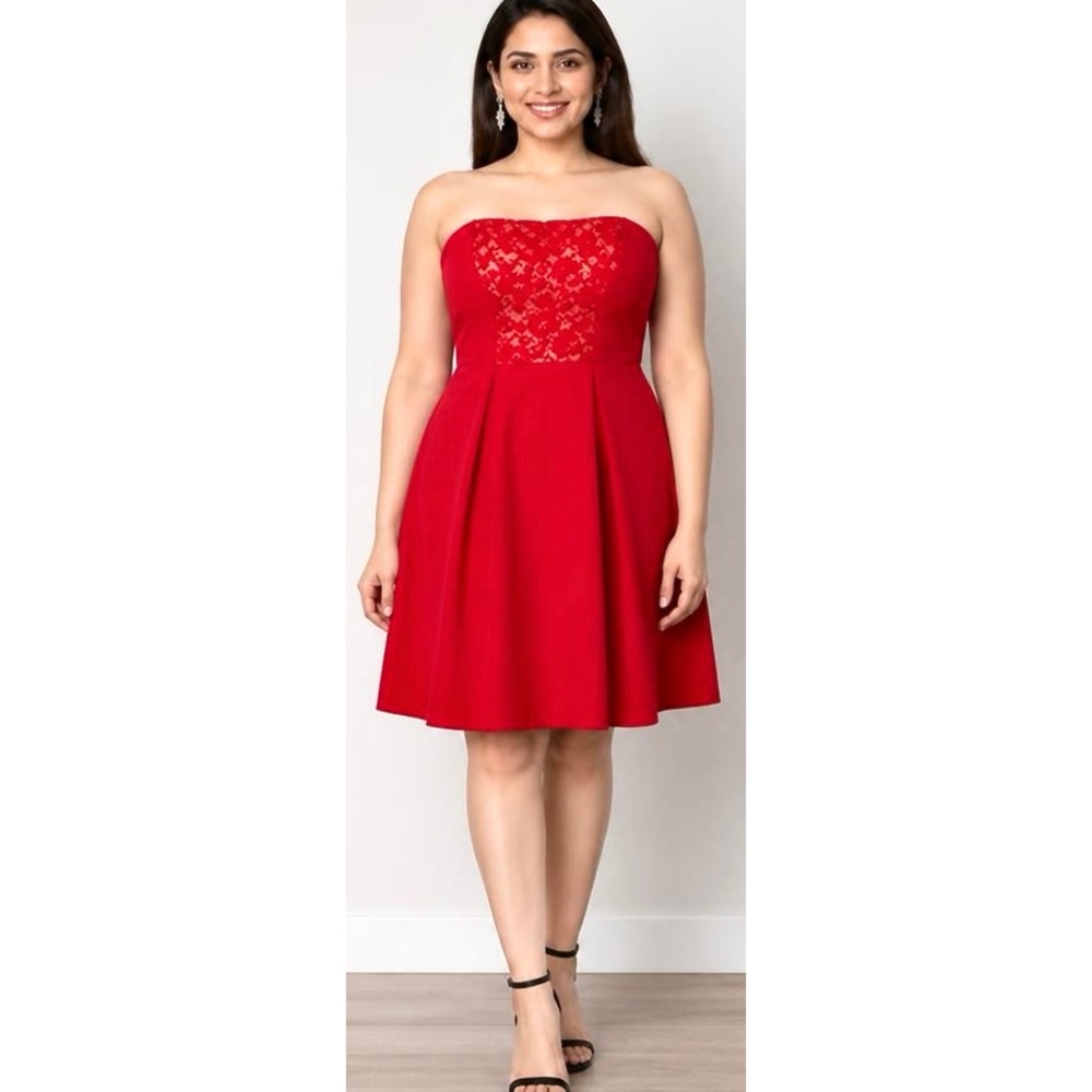City Chic Red Strapless Lace Panel Fit Flare pockets Cocktail Dress Med/18